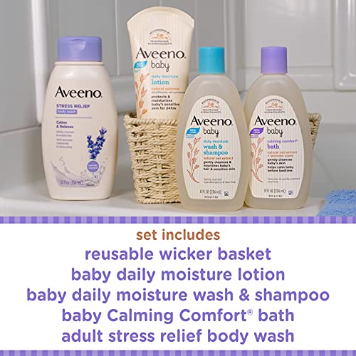 Aveeno Baby Daily Bathtime Solutions Gift Set to Nourish Skin for Baby and Mom, 4 items