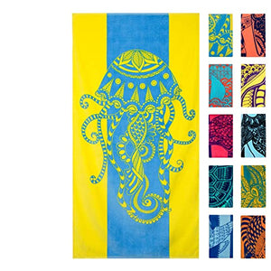 Nova Blue Toalla de Playa Jellyfish - Colores Azul Tropical y Amarillo con un diseño único, Extra Grande, XL (34"x 63") Hecha de 100% algodón