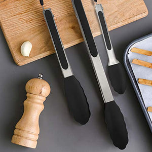 Pinzas de cocina, juego de 3-7, 9, 12 pulgadas, pinzas de cocina de acero inoxidable con puntas de silicona para barbacoa, cocina, ensalada, barbacoa, freír (Black)