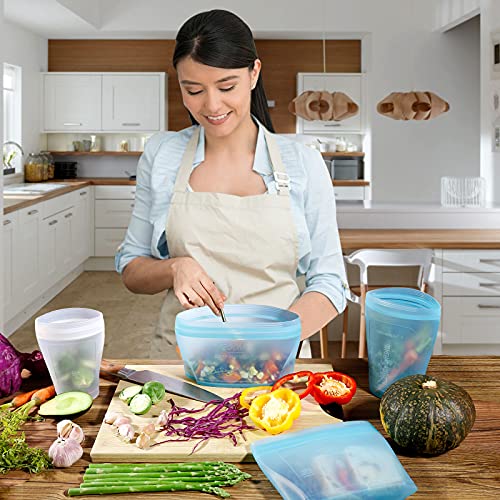 Contenedor de alimentos reutilizable, bolsa de silicona, 6 recipientes con cierre que se pueden utilizar para aperitivos de frutas y verduras, etc. Apto para microondas y congelador (blanco)