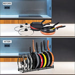 Organizador de sartenes expandible, 10 compartimentos ajustables, armario de despensa, soporte para placa de tapa de horno, color negro