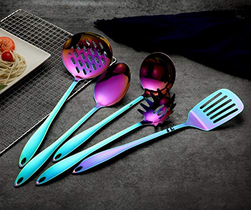 Juego de utensilios de cocina de acero inoxidable - 5 utensilios de cocina, juego de utensilios de cocina antiadherente de color arco iris, juego de baño de titanio plateado colorido, utensilios de cocina