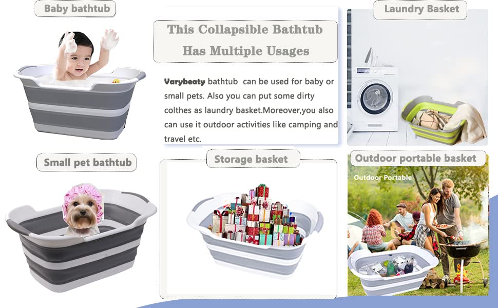Varybeaty Bañera plegable multifunción para bebés recién nacidos a niños pequeños, portátil, para viajes, cesta de lavandería de plástico, lavabo de almacenamiento con agujero de drenaje (gris)