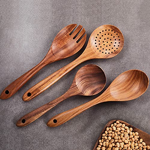 Juego de 9 cucharas de madera para cocinar, utensilios de cocina de madera, cucharas de madera de teca natural para sartén antiadherente
