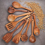 Juego de 9 cucharas de madera para cocinar, utensilios de cocina de madera, cucharas de madera de teca natural para sartén antiadherente