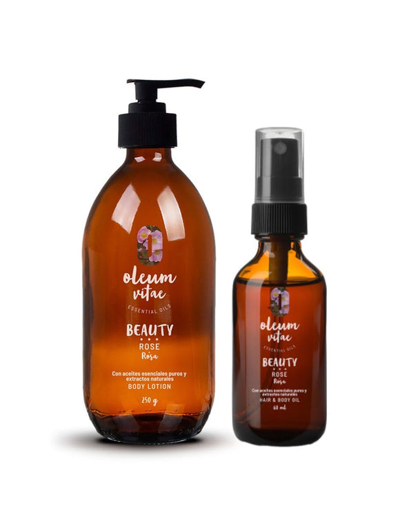 OLEUM VITAE Kit Dúo Hidratación Rosas. Crema Corporal y Aceite para Cabello y Cuerpo con Aceite Esencial de Rosa Mosqueta. Hidratación Profunda