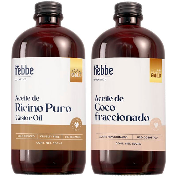 Hebbe - KIT de Aceite de Coco Fraccionado y Aceite de Ricino 100% Puro, Hidratante y Nutritivo para Piel y Cabello, 500ml