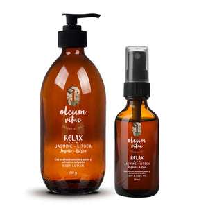 OLEUM VITAE Kit Dúo Hidratación Jazmín-Litsea. Crema Corporal y Aceite para Cabello y Cuerpo. Hidratación Profunda.