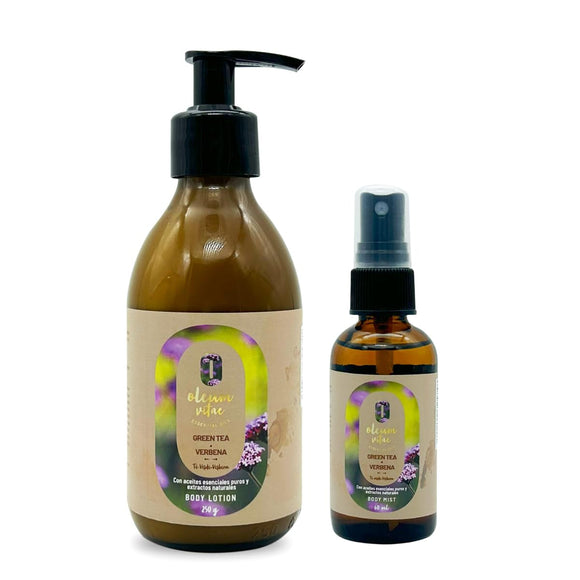 OLEUM VITAE Kit Dúo Body Lotion y Body Mist Té Verde-Verbena. Crema Corporal y Fragancia con Aceite Esencial de Té verde.