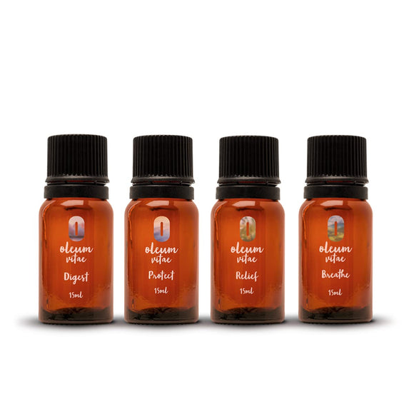 OLEUM VITAE Kit Mezclas de Aceites Esenciales Vitalidad. 100% Puros y Orgánicos. Digest, Breathe, Relief, Protect