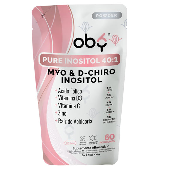 Oby Inositol Pure 40:1 | Myo Inositol y D-Chiro Inositol, Acido folico, Zinc, Prebióticos | Vitaminas para Mujer | Oby Pure Inositol Polvo 300 gr Mezcla Ideal 40:1 y 7 ingredientes | Para 60 días