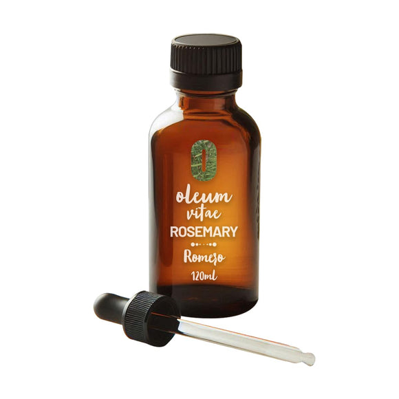 OLEUM VITAE Aceite Esencial de Romero 120ml. Rosmarinus Officinalis 100% Puro y Orgánico. Hecho en India Certificado USDA ORGANIC Aplicación Interno Externo y Aromático