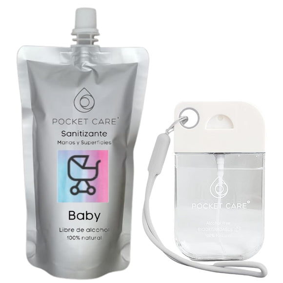Pocket Care | KIT Desinfectante Spray - Sin Alcohol | 45ml - BABY | Antibacterial Spray de Bolsillo Orgánico + REFILL 200ml | Sanitizante para Manos y Superficies | Hand Sanitizer 100% Natural