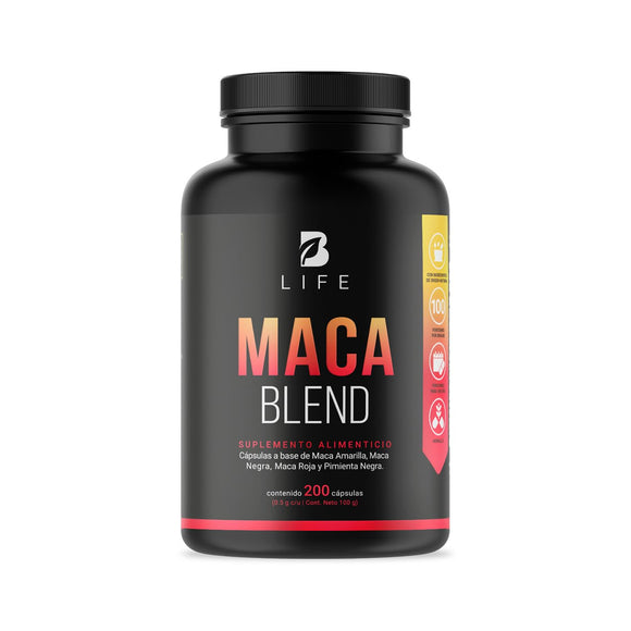 Complejo de Maca 200 Cápsulas 1000 mg por porción. Maca Amarilla, Negra, Roja y Pimienta Negra. Ingredientes naturales. Maca Blend B Life.