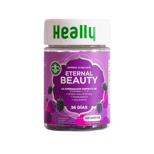 Multivitamínico Colágeno Eternal Beauty, Gomitas, Para una Piel Saludable, Sabor Zarzamora, Con Ácido Hialurónico, Vitaminas C, D y E, 100% Natural, Sin Azúcar y Gluten, Heally | 72 gomitas | 36 días duración