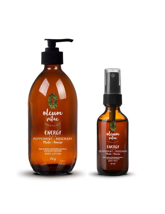 OLEUM VITAE. Kit Dúo Romero-Menta. Body Lotion y Body Mist con Aceites Esenciales de Menta y Romero. Frescura y Energía.