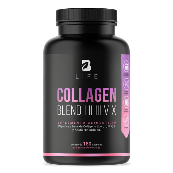 Colágeno Hidrolizado Tipo I, II, III, V y X | 180 Cápsulas 1000 mg por porción | Adicionado con Vitamina C y Ácido Hialurónico. Ingredientes Naturales. Collagen Blend I, II, III, V X. B Life