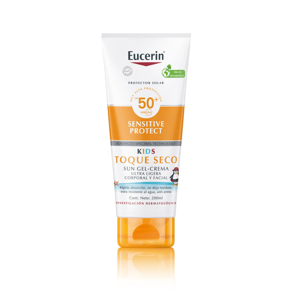 Eucerin Sun Kids Sensitive Protect Toque seco FPS50+ (200ml) Bloqueador para niños, cara y cuerpo. Textura ligera de rápida absorción