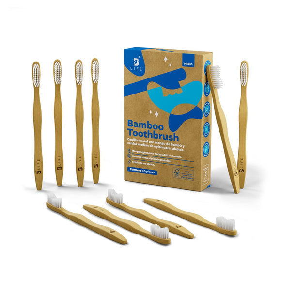 ▶ B Life   Cepillos De Dientes De Bambú | Kit Con 10 Piezas | Cerdas Medias | Cepillos Para Adultos.