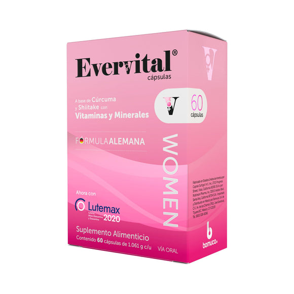 BOMUCA - Evervital Women 60 Cápsulas | Suplemento Alimenticio | A base de Cúrcuma | Shiitake | Lutemax 2020 | Vitaminas y Minerales