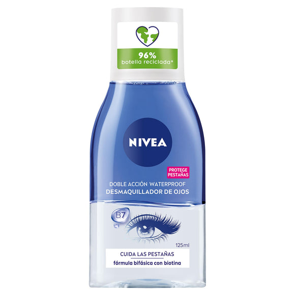NIVEA Desmaquillante Facial Bifásico de Ojos (125 ml) - Elimina la máscara de pestañas y el maquillaje a prueba de Agua, Enriquecido con Biotina para Cuidar Tus Pestañas