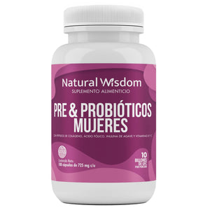 Pre & Probioticos Mujeres 10 Billones UFC + Prebioticos Hidratación Salud de la Piel Salud Digestiva | 180 Capsulas | Vitaminas Complejo B Colágeno | Suplemento Alimenticio | Natural Wisdom