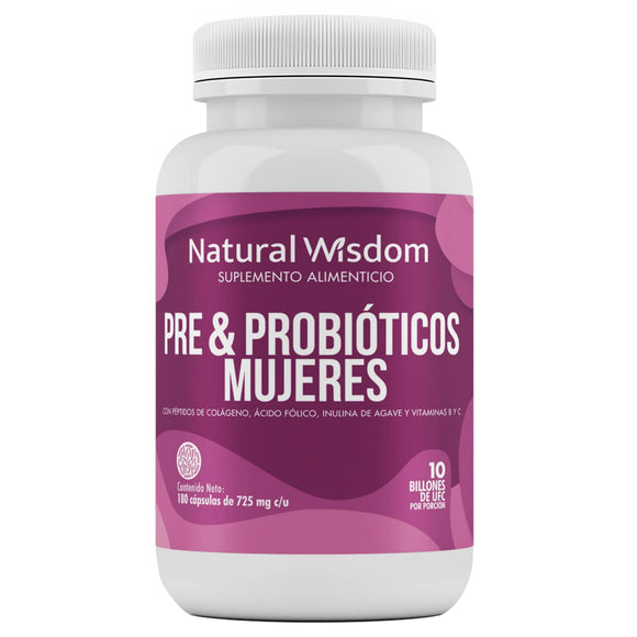 Pre & Probioticos Mujeres 10 Billones UFC + Prebioticos Hidratación Salud de la Piel Salud Digestiva | 180 Capsulas | Vitaminas Complejo B Colágeno | Suplemento Alimenticio | Natural Wisdom