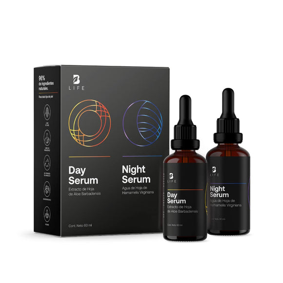 Kit de Sérum de Día y Noche para Rostro de 60 ml C/U con 96% de Ingredientes Naturales. Adicionado con Vitamina C y Ácido Hialurónico. Skincare Antiarrugas. Kit Serum B Life.