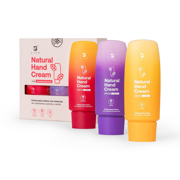 B Life | Kit de 3 cremas para manos con esencia de Madreselva, Lavanda y Vainilla | Natural Hand Cream Kit Mix.