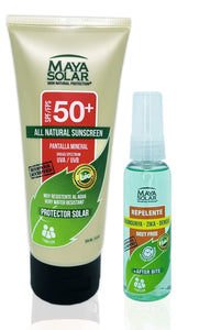 Maya Solar Duo pack Playa: Bloqueador para toda la Familia (204 ml) con Repelente Premium con Formula Afterbite (60 ml). Ingredientes Naturales & Minerales. Resistente al Agua y al Sudor. | Protección total para playa, excursiones y aire libre
