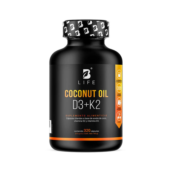Vitamina D3 400 UI + K2 320 Softgels. Alta absorsión. Aceite de Coco, Vitaminas D3 y K2. Ingredientes naturales. Coconut Oil D3 + K2 B Life.