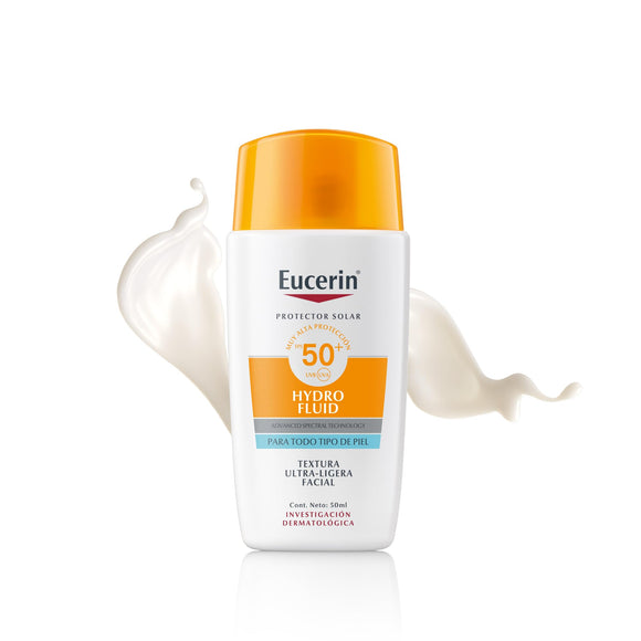 ▶Eucerin Sun Face Hydro-Fluid Protector Solar Facial Ultra-Ligero SPF 50+ 50ml Textura ligera, refrescante y de secado rápido. No deja el rostro brilloso.