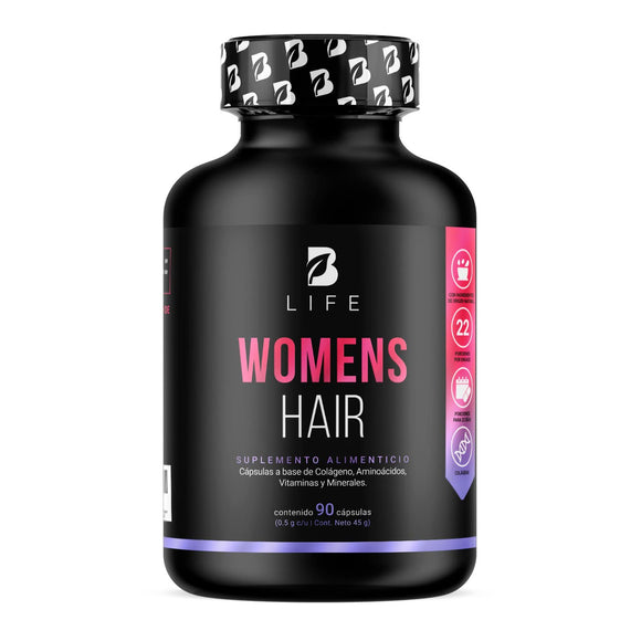 Vitaminas para el Cabello de la Mujer de 90 Cápsulas de 2000 mg por porción. Colágeno Hidrolizado, L-Cisteína, L-Lisina, L-Metionina, Vitamina C, Ácido Hialurónico, Zinc, Vitamina A, Biotina y Selenio. Ingredientes Naturales. Womens Hair B Life.