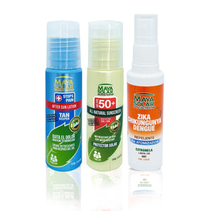 Maya Solar Kit de Bloqueador Solar fps 50+ en Crema, Crema para Despues de Asolearse (AfterSun) y Repelente. Ideal para Viajes en Cabina de Avion.
