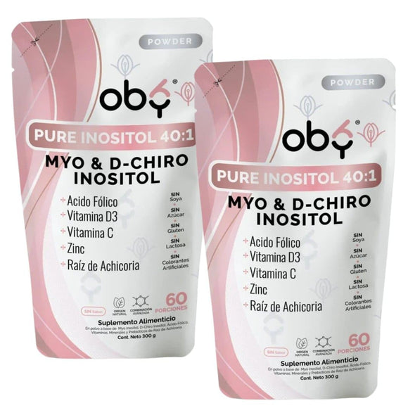 Oby Inositol Pure 40:1 Myo Inositol y D-Chiro Inositol, Acido folico, Zinc, Prebióticos | Vitaminas para Mujer | Oby Pure Inositol Polvo Mezcla 40:1 | 7 ingredientes (2 Pack para 120 dias)