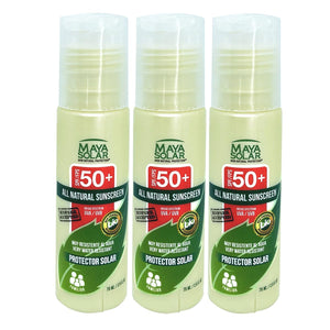 Maya Solar. Bloqueador Solar Ingredientes Naturales SPF 50+ 3 Piezas, Protección UVA/UVB de 98%, Resistente al Agua y Sudor, Natural y Seguro para Océanos - Aceptado en Ecoparques (75 ml c/u - 225 ml)