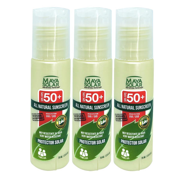 Maya Solar. Bloqueador Solar Ingredientes Naturales SPF 50+ 3 Piezas, Protección UVA/UVB de 98%, Resistente al Agua y Sudor, Natural y Seguro para Océanos - Aceptado en Ecoparques (75 ml c/u - 225 ml)