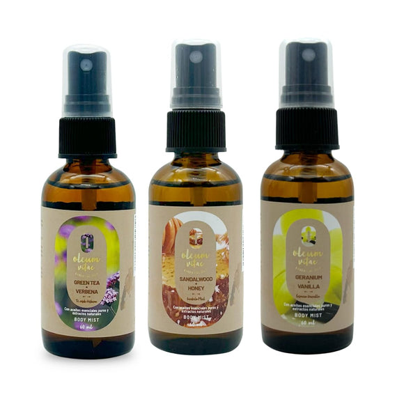 OLEUM VITAE Kit Body Mists. Fragancias Corporales, Geranio-Vainilla, Sándalo-Miel, Té Verde-Verbena 60ml. Con Aceites Esenciales
