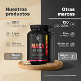 Complejo de Maca 200 Cápsulas 1000 mg por porción. Maca Amarilla, Negra, Roja y Pimienta Negra. Ingredientes naturales. Maca Blend B Life.