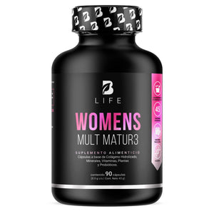 Multivitamínico para Mujer Mayor de 40 años con 90 Cápsulas. Ingredientes naturales: Colágeno, Inositol, Maca, Probioticos. Womens Mult Mature B Life.
