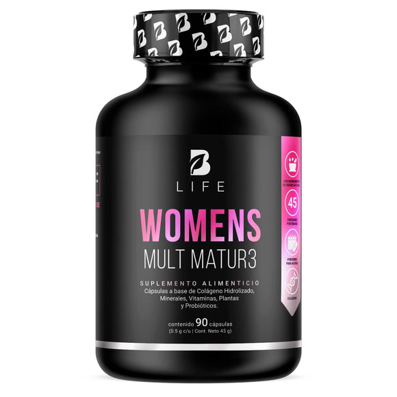 Multivitamínico para Mujer Mayor de 40 años con 90 Cápsulas. Ingredientes naturales: Colágeno, Inositol, Maca, Probioticos. Womens Mult Mature B Life.