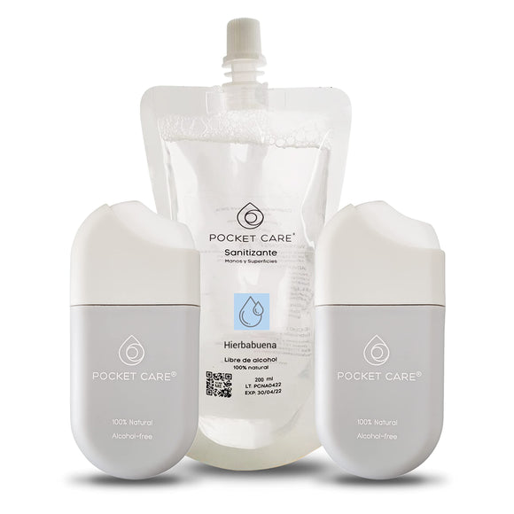 Pocket Care | KIT Desinfectante Spray - Sin Alcohol | 2 Spray 15ml - SUAVE HIERBABUENA | Antibacterial Spray de Bolsillo Orgánico + REFILL 200ml | Sanitizante para Manos | Hand Sanitizer