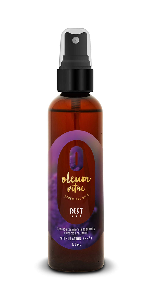 OLEUM VITAE Spray Estimulante REST. Con Aceites Esenciales de Lavanda, Litsea y Mandarina. Descanso perfecto. Sueño profundo y reparador. 120ml