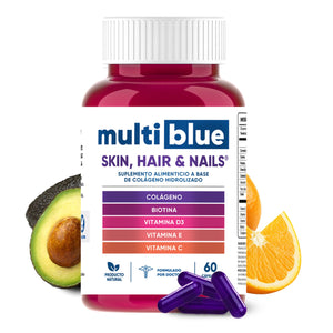 MultiBlue - Colageno + Biotina 60 Capsulas | Formulado con Vitamina D3, Vitamina E y Vitamina C | Vitaminas para Mujer 100% Natural, Sin Gluten, Sin OMG | 2 caps diarias (1 mes Multivitaminico Mujer