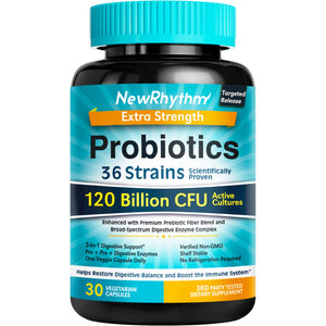 NewRhythm - Probióticos extra fuertes, 120 mil millones de CFU, 36 cepas, 3 en 1, apoyo digestivo e inmunológico con prebióticos y enzimas, liberación dirigida, resistentes a los ácidos estomacales, sin refrigeración, sin transgénicos, veganos