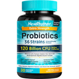 NewRhythm - Probióticos extra fuertes, 120 mil millones de CFU, 36 cepas, 3 en 1, apoyo digestivo e inmunológico con prebióticos y enzimas, liberación dirigida, resistentes a los ácidos estomacales, sin refrigeración, sin transgénicos, veganos