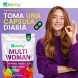 Wellthy Multivitamínico Premium para Mujer 60 Cápsulas 1150mg c/u. 26 Vitaminas y Minerales, Solo 1 Cápsula al Día, Bottle Free.