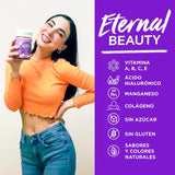 Multivitamínico Colágeno Eternal Beauty, Gomitas, Para una Piel Saludable, Sabor Zarzamora, Con Ácido Hialurónico, Vitaminas C, D y E, 100% Natural, Sin Azúcar y Gluten, Heally | 72 gomitas | 36 días duración