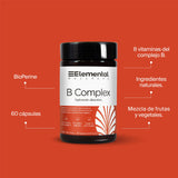 Complejo B Completo, 673mg, Hecho por PiSA, Vegano, Vitaminas B1, B2, B3, B5, B6, B7, B9, B12, BioPerine ® (alta biodisponibilidad),13 Frutas y Verduras, Biotina, Multivitamínico, 60 Cápsulas, 2 Meses - Elemental Wellness