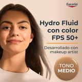 ▶ Eucerin Sun Face Hydro-Fluid FPS 50 + Tono Medio 50ml Protector Solar Facial con Color, textura ligera, suave y refrescante. Rápida absorción sin sensación grasosa o pegajosa